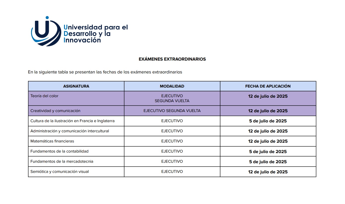 Calendario para aplicación de exámenes extraordinario.